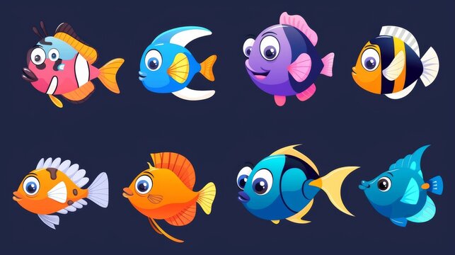 Animated cartoon fish with fins and smiling lips. Set of funny sea and ocean animals. Collection of aquatic bottom wildlife habitats.