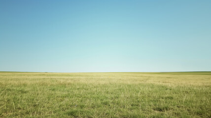 Fototapeta premium Vast grassland stretches to the horizon under a tranquil blue sky.