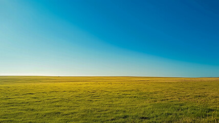 Sunrise casting golden light over an endless prairie and a clear blue sky.