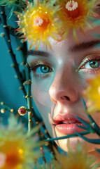 Close up portrait of a woman with colorful flowers in her hair and a flower in her mouth, beauty and nature concept