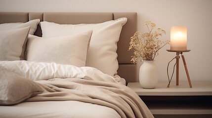 bed and pillows. flower in a vase on side table. 
