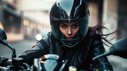 Superbike woman motorcycle rider on the road, dynamic concept motor art , high speed - obrazy, fototapety, plakaty