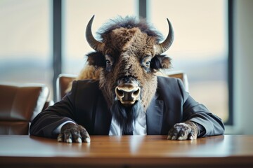 A bison in a corporate strategy room, wearing a robust suit, representing resilience and solid planning - obrazy, fototapety, plakaty