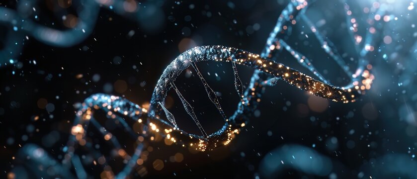 A double helix structure of DNA illuminated against a dark background, symbolizing the blueprint of life