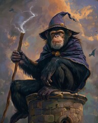 Adept chimpanzee in wizard attire, channeling wand energy atop a spellbound tower