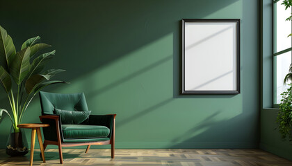 Living room with green armchair on empty dark mockup frame on green wall background