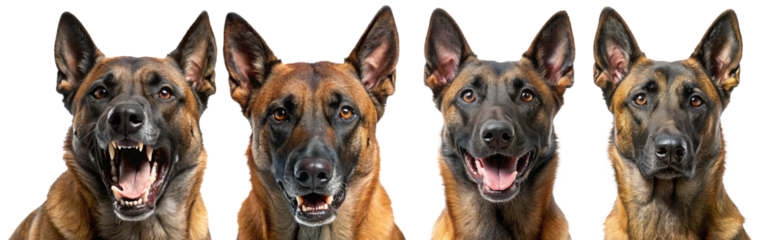 set of belgian malinois dogs with several different expressions and isolated on a transparent background