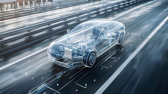 Transparent electric vehicle cruising on intelligent highway showcasing advanced technology and eco-friendly mobility