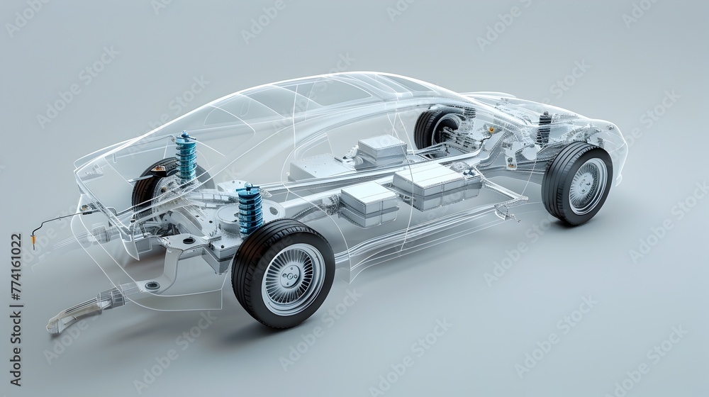 Poster transparent electric vehicle exploded view showcasing assembly and components