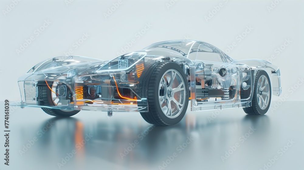 Poster transparent electric vehicle in suspended 3d render - educating on ev assembly and function