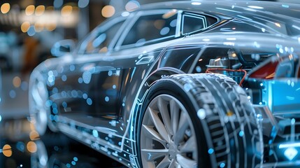 Fototapeta premium Efficient Electric Vehicle Engine and Cooling System Showcased in Transparent Hood Close-up