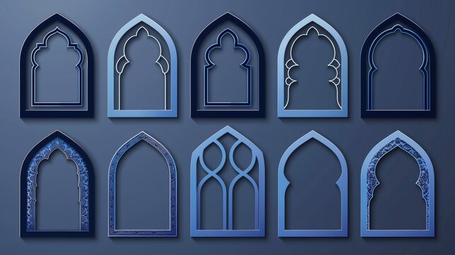 This is a realistic modern illustration of blue arch windows or borders with empty space for text. It is a classic Muslim shape decoration for a holiday greeting.