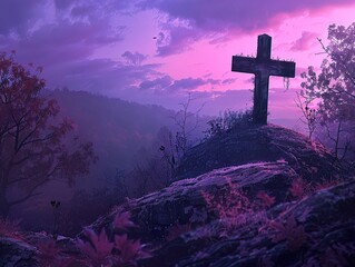 A lone cross stands vigilant on a hill, twilights purple hues draping over the silent woods, falls final colors glowing softly - obrazy, fototapety, plakaty