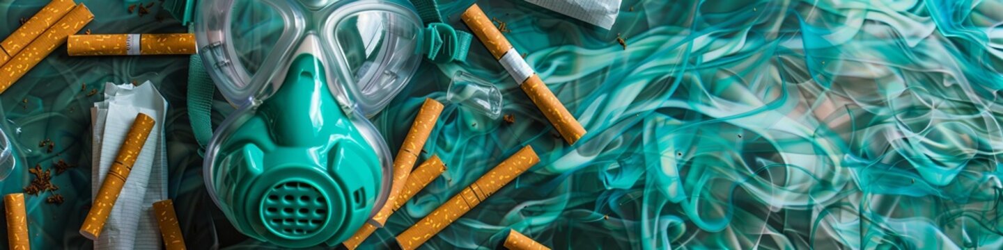 An oxygen mask and empty cigarette packs, juxtaposing the need for clean air with the risks of smoking