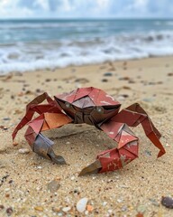 On a realistic beach, an origami crab scuttles across the sand, its paper shell textured and colored to mimic its living counterpart - obrazy, fototapety, plakaty