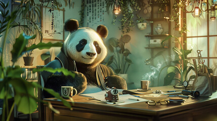 A panda in a relaxed business outfit, in a creative brainstorming session, embodying balance and thoughtfulness - obrazy, fototapety, plakaty