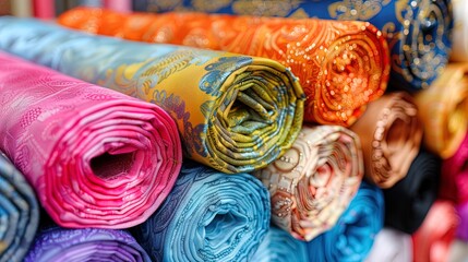 Colorful silk rolls neatly arranged in a bustling market stall, tempting passersby with their vibr - obrazy, fototapety, plakaty