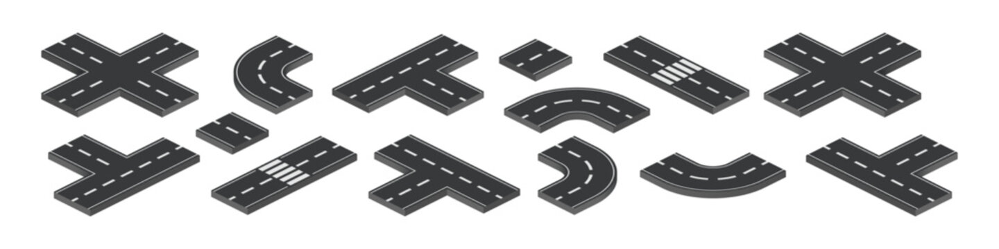 Road isometric intersection element set. Roadway elements isometry vector style.