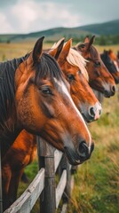 A group of horses peering curiously through the weathered wooden slats of a rustic fence, set against a picturesque mountain backdrop.