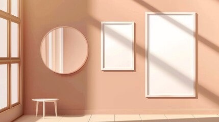 Detailed modern set of signage designed to be displayed on a wall at the entrance of a store or cafe. Rectangular, round, and oval shapes are drawn using white empty frames.