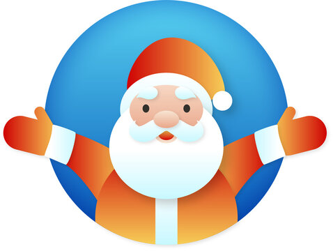 A cartoonish image of Santa Claus with a red hat and a blue and orange outfit. He is holding his arms out wide, as if he is giving a big hug. The image has a cheerful and festive mood