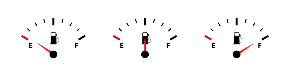 Fuel gauge vector set. Gas measure dashboard. Full and empty gasoline tank. - obrazy, fototapety, plakaty