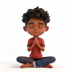 Little Latin, hispanic boy sitting in lotus position, eyes closed, hands folded in namaste, isolated on white background - 774162055