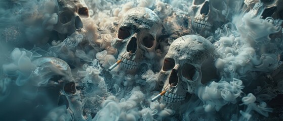 A chilling scene with multiple skulls in a smoky underworld, cigarettes in their jaws, portraying a smokera  s hell , Prime Lenses - obrazy, fototapety, plakaty