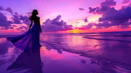 Papier Peint photo Violet Graceful woman by the seaside at sunset, embodying tranquility