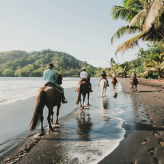 A horse back riding tour along the Costa Rican jungle coastline with an ethnically diverse upscale clientele. - obrazy, fototapety, plakaty