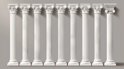 Ancient roman column made of white clay. Realistic 3d modern illustration set of greek stone pillars of a temple. Antique marble colonnade for historical construction decorative facades.