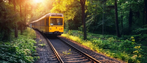 Fototapeta premium A train cuts through an autumnal forest, its bright yellow exterior contrasting beautifully with the rich, warm tones of the surrounding trees and undergrowth.