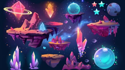 An outer space game level UI creation kit with a cartoon set of 2D platforms and islands, rocks and glowing crystals, a ship, and a fantasy planet or sphere. The level closes and rated with a star