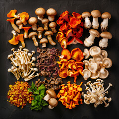 A view of a variety of mushrooms in all shapes and colors arranged neatly on a dark background, showcasing a variety of food ingredients