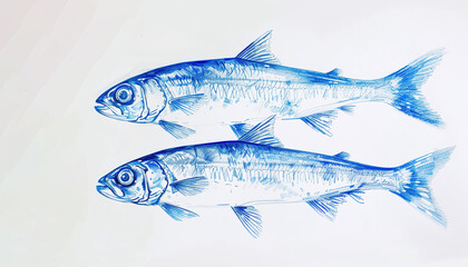 Hand drawn blue sardines on a white background, design for interior