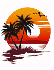 Sunset at the beach with palms trees silhouette and clouds. Vintage style vector.