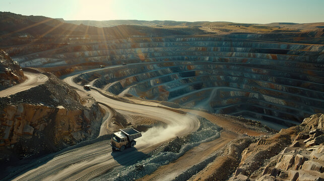 Aerial drone shot, top-down view, open pit diamond mine on sunny day, bright, sunny, natural light. Mining natural resources