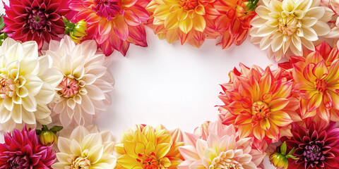 Photo of a frame of colorful dahlias creating a bright and cheerful setting for children's drawings or greeting cards