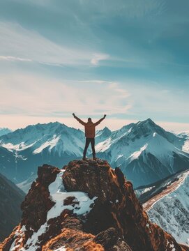 A hiker stands victoriously at the top of a towering mountain, arms outstretched against a backdrop of breathtaking alpine scenery bathed in the warm glow of the setting sun.