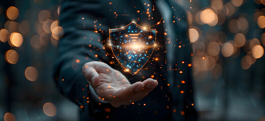 business man holds in his hand an abstract shield with cyber security symbols and data flow - obrazy, fototapety, plakaty