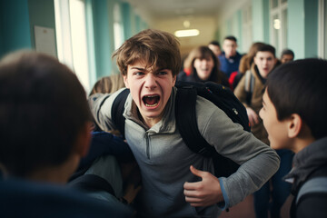 Teenage Boy with Backpack in School Hallway Looking Determined, Bullying concept.