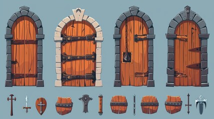 A medieval castle or dungeon double wooden door with different stages of decoration, iron handle, and grating for a level rank concept for a video game. Cartoon modern image of the gate.
