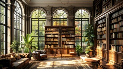 A cozy, stylish modern library with large floor-to-ceiling windows and tall cabinets full of a variety of books. Hobby, leisure and education concept - obrazy, fototapety, plakaty