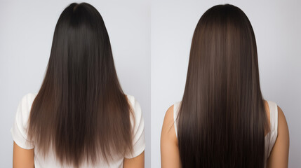 Brunette Hair before and after treatment, sick, cut and healthy hair - obrazy, fototapety, plakaty