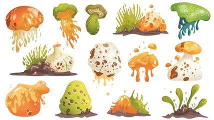 Food rotting and contaminated with mold. Cartoon modern illustration of dirty spoiled vegetables. Molded damaged meal contaminated with fungal spots for composting or recycling concept. Dangerous - obrazy, fototapety, plakaty