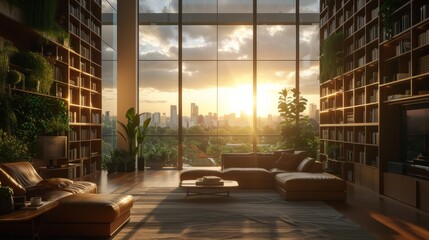 A cozy, stylish modern library with large floor-to-ceiling windows and tall cabinets full of a variety of books. Hobby, leisure and education concept - obrazy, fototapety, plakaty