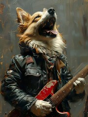 Retrato de um cachorro em arte de tinta. Ilustração comica de um cão do rock - obrazy, fototapety, plakaty
