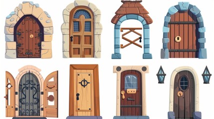 Modern cartoon illustration of historical building design elements, stone porch, arch doorway with locked gate, iron doorknob, old architecture with medieval wooden doors... - obrazy, fototapety, plakaty
