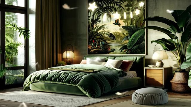 Modern bedroom interior with poster with forest landscape with birds and animals. Looping video