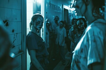 A nurse barricading a hospital ward door, with zombies trying to break in, showcasing a tense standoff , Prime Lenses